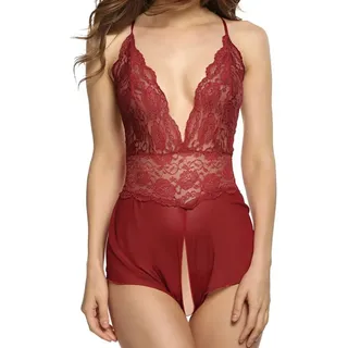 Lovolotti Body-Ouvert Damen Dessous Nachtwäsche Babydoll Reizwäsche L4K1 Sexy Unterwäsche Nachtkleid Spitze Durchsichtig transparent rot