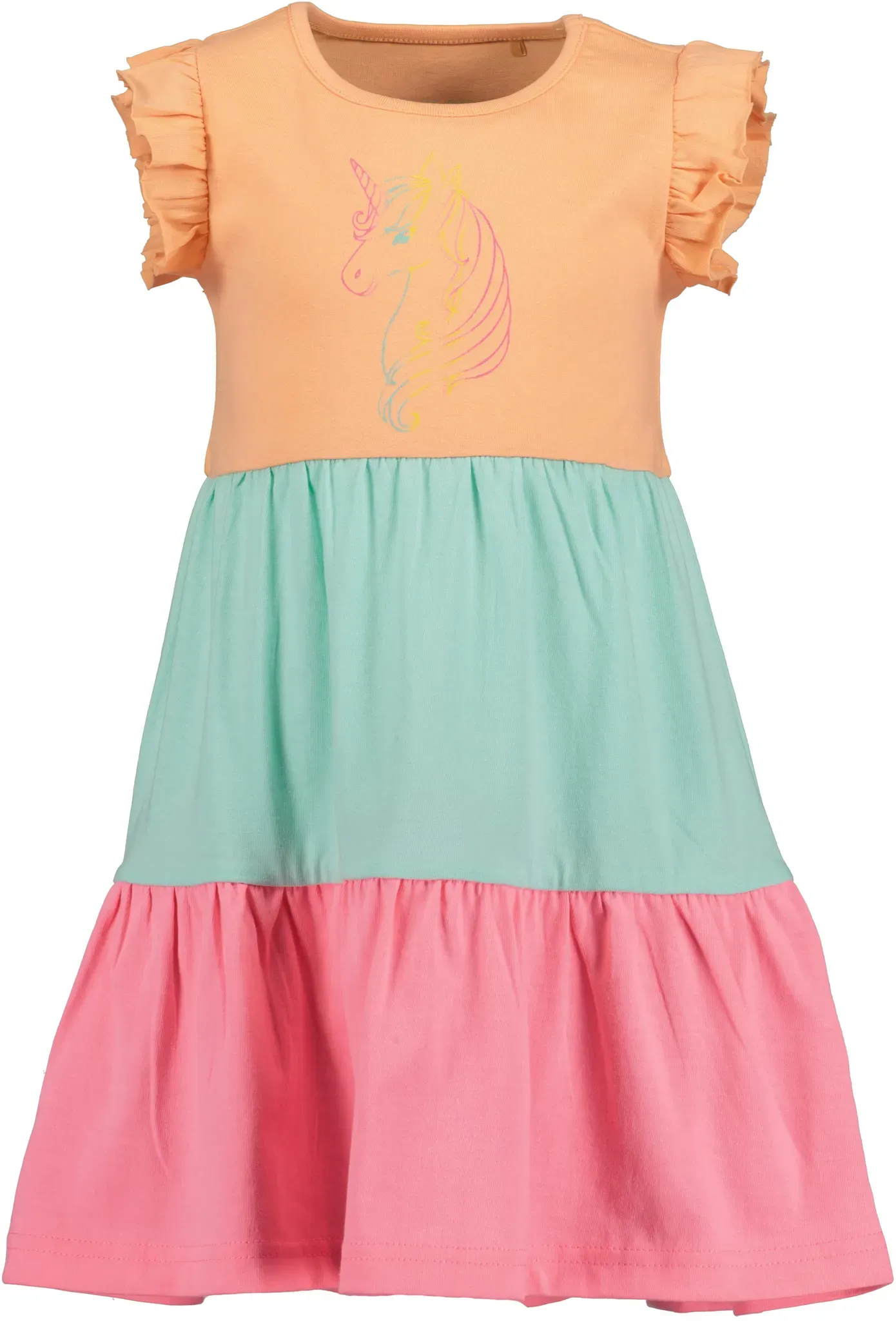Jerseykleid BLUE SEVEN, Mädchen, Gr. 110, N-Gr, melone, Jersey, Obermaterial: 100% Baumwolle, regular fit knielang, Rundhals, Flügelärmel, Kleider Jerseykleid, mit süßem Einhorn-Motiv und tollen Volants