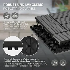 ECD Germany WPC Terrassenfliesen 30x30 cm 11Er Spar Set Anthrazit Mosaik, Holzoptik, Bodenbelag mit Drainage, Terrassendielen Balkonfliesen, Klickfliesen für Terrasse Garten und Balkon