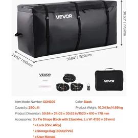 Vevor Gepäckträgertasche für Anhängerkupplung aus wasserdichtes 840D-PVC (0,71 m3), Gepäcktasche zur Aufbewahrung auf der Ladefläche von Lkws mit verstärkten Gurten für PKW SUVs Vans Schwarz
