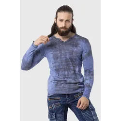 T-Shirt CIPO & BAXX "Sweatshirts", Herren, Gr. M, blau, 100% Baumwolle, meliert, casual, regular fit, V-Ausschnitt, Langarm, Shirts, im Batik-Design