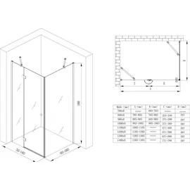 doporro Ravenna05 Eckdusche mit Drehtür rechts 90 x 70 cm transparent Klarglas