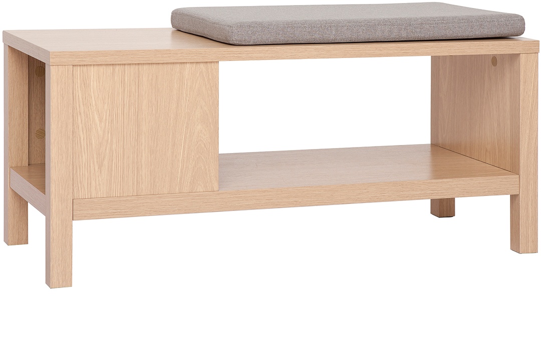 Banc d'entrée avec rangement finition bois clair chêne avec coussin banquette grège L100 cm GUMBY