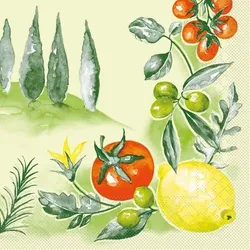 Mank Serviette aus Tissue-  Francesco, 40 x 40 cm, 100 Stück - Mediterran Zitronen Tomaten Oliven