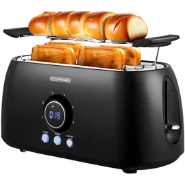 Steinborg XXL Toaster 4 Scheiben mit Brötchenaufsatz | Toaster Schwarz | Digitales Display | Toastautomat | Automatische Abschaltung | Langschlitztoaster
