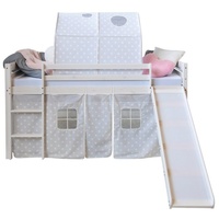 Homestyle4u 1885, Kinderbett Hochbett 90x200 cm Weiß Grau mit Rutsche Treppe Tunnel Vorhang Sterne Holz Kiefer