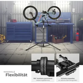 Tectake Fahrradmontageständer klappbar Belastbarkeit 50 kg lackschonend mit Vorderrad-Stabilisator und Werkzeugablage