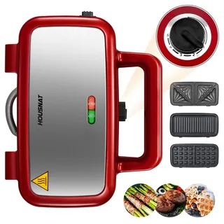 Waffeleisen 3 in 1, Sandwichmaker, Kontaktgrill, Sandwichtoaster - 1200W mit 5-Gang Temperaturregelung, für Belgische Waffel, Antihaftbeschichtung, Perfekt für Frühstück, Rot