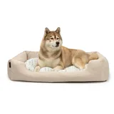 lionto Hundekörbchen mit Wendekissen, kuscheliges Heimtierbett in meliertem Design mit tiefem Einstieg für Hunde & Katzen Aller Größen, 110x80 cm, weiches Hundebett, beige