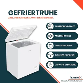 Homex Gefriertruhe, Tiefkühltruhe klein - 142L Nutzinhalt, 4-Sterne Gefrieren, Kühltruhe mit Super-Frost-Funktion, weiß