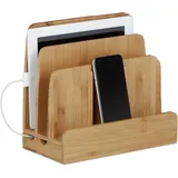 Relaxdays Ladestation Bambus, Ladestationhalter, 3 Ablagen, Smartphone, Handy, Tablets, HBT: 23 x 25,5 x 13,5 cm, natur