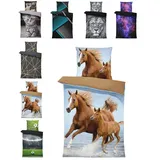 One Home Bettwäsche Fotodruck, Mikrofaser, 2 teilig, Pferde Kinder Mädchen Tiere, Knitterfrei Weich für Sommer und Winter blau|braun