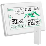 Wetterstation Funk mit Außensensor, Wettervorhersage/Thermometer/Funkwetterstation/Digitaluhr/LCD Touchscreen/DCF Funkuhr für Temperatur und Feuchtigkeitsüberwachung Innen/Außen