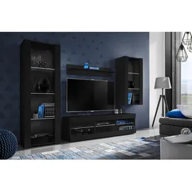 komodee Wohnzimmerset, Schwarz, Schwarz, Holzwerkstoff, 8 Fächer, Rechteckig, 245x159x35 cm, Wohnzimmer, Wohnwände, Wohnwand-Sets