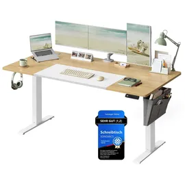 Songmics Höhenverstellbarer Schreibtisch 160 x 70 cm Natureichenfarben/Mattweiß