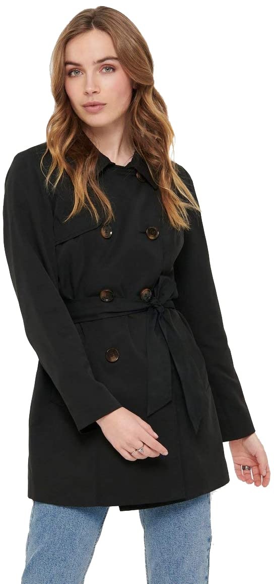 ONLY Damen Kurzer Trench Coat | Eleganter Basic Übergangs Mantel | Jacke Zweireihig mit Gürtel ONLVALERIE, Farben:Schwarz, Größe:XS