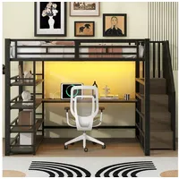 REDOM Hochbett Funktionsbett mit Treppe (140x200 Metall-Hochbett, integriertem Schreibtisch & Stauraum, LED-Beleuchtung, USB-Ladestation, 1-St) 148 cm x 254 cm x 170 cm