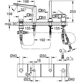 Grohe Allure Brilliant Private Collection 4-Loch Einhand-Wannenbatterie, Ausladung 198mm, Wannenrandmontage, Griff mit Vanilla Noir Ceasarstone, hard graphite gebürstet