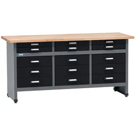 KÜPPER Werkbank Holz 170x84x60 cm schwarz 15 Schubladen 300 kg Traglast