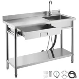 Vevor Spültisch Spülbecken Edelstahl (120 x 50 x 94 cm), Einzelbecken mit Wasserhahn & Schublade, Küchenspüle für Garage Restaurant Wäscherei, Waschtisch Außenspüle mit Arbeitsplatte (links)