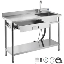 Vevor Spültisch Spülbecken Edelstahl (120 x 50 x 94 cm), Einzelbecken mit Wasserhahn & Schublade, Küchenspüle für Garage Restaurant Wäscherei, Waschtisch Außenspüle mit Arbeitsplatte (links)