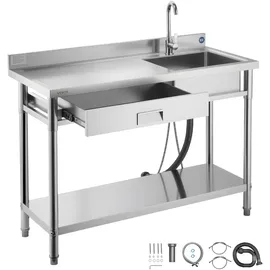 Vevor Spültisch Spülbecken Edelstahl (120 x 50 x 94 cm), Einzelbecken mit Wasserhahn & Schublade, Küchenspüle für Garage Restaurant Wäscherei, Waschtisch Außenspüle mit Arbeitsplatte (links)