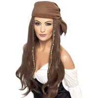 NET TOYS Aufregende Piratin Perücke mit Kopftuch - Braun - Vielseitiges Damen-Kostüm-Zubehör Gypsy Damenperücke Zigeunerin, Einheitsgröße, Kunsthaar