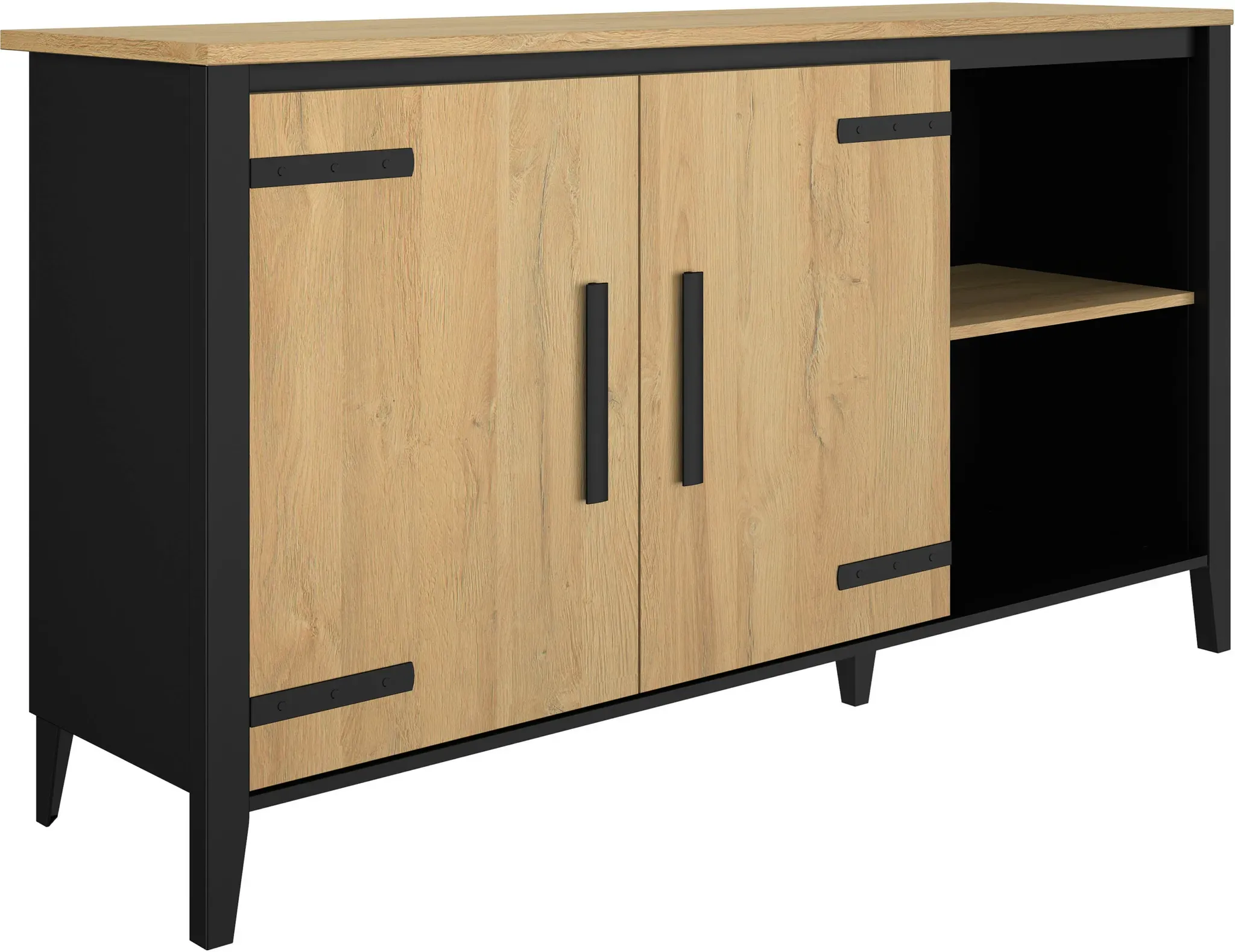 Buffet GAMI "Cork", schwarz (goldeiche, schwarz), B:165cm H:90cm T:45cm, Schränke, 2 Volltüren und 2 Nischen. 1 große linke Ablage und 1 rechte Ablage