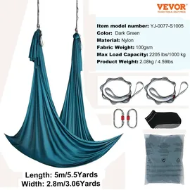 Vevor Aerial Yoga Hängematte Set 5 x 2,8 m, Grün Aerial Yoga Swing Air Fliegen, Yoga-Schaukel Hammock Swing 1000 kg Max. Tragfähigkeit, inkl. Yoga-Socken & Stahlkarabiner, Anti-Gravity-Übungen