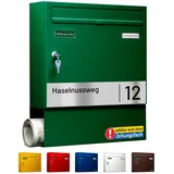 AL Briefkastensysteme Basic-Line 1er Briefkasten personalisiert mit Namensschild Straße und Hausnummer - Postkasten Grün modern mit mit Zeitungsfach - Gravur wetterfest Wandbriefkasten Zaunbriefkasten