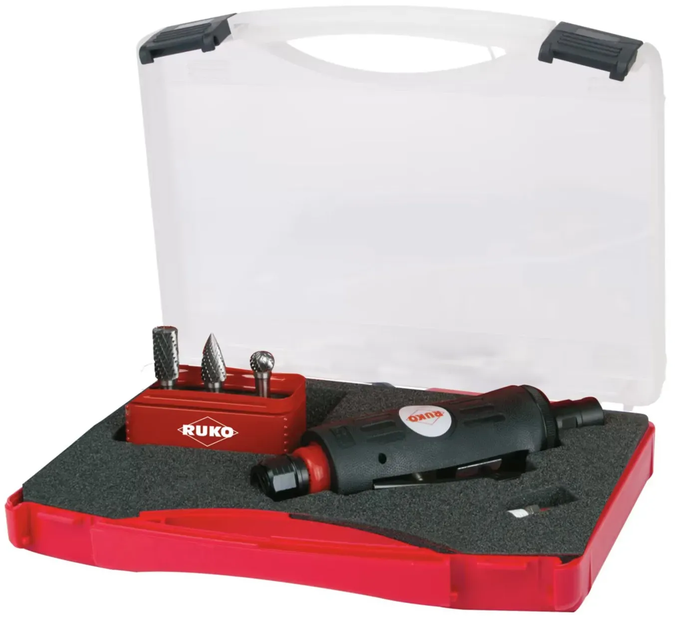 RUKO Druckluftschleifer-Satz 5tlg. mit Kupplungsstecker inklusive Frässtifte-Satz im Kunststoffkoffer - 116113