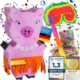 Pinata Party-Dekoration zum Befüllen XXL Set mit Konfetti, Stab & Maske; Auffüllen mit Süßigkeiten für Kinder-Geburtstag Hochzeit Party Feiern (Schwein + Stab & Augenmaske)