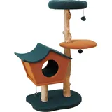 fudajo Kratzbaum Teddyfell 114 cm hoch, Katzenkratzbaum mit Birnbaumholz, Katzenbaum mit asymmetrischem Katzenhaus, Katzenmöbel mit Spielbällen