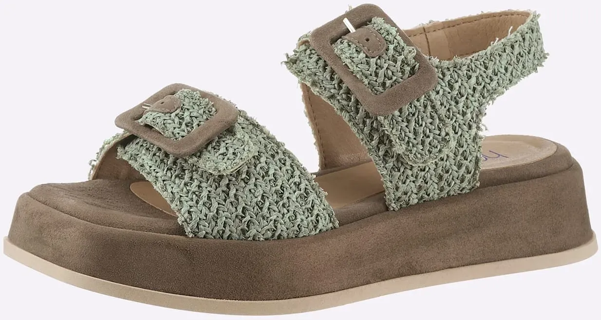 Sandalette HEINE, Damen, Gr. 37, grün (khaki, oliv), Leder, Textil, Veloursleder, Schuhe Sandalette