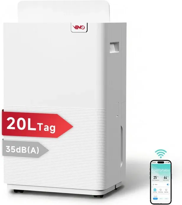 VINO Intelligenter Luftentfeuchter, WLAN-Steuerung, 20 l/Tag, R290, energieeffizient, 2,5-l-Tank, ideal für 40 m2 Räume