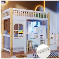 Odikalo Hochbett 90x200 140x200 Kinderbett Jugendbett mit Schreibtisch & Stauraum (Hochbett, 90x200 cm / 140x200 cm, Mit LED-Leuchten, Fensterform, Ablageleiter, offenem Staufach, Schreibtisch, Steckdose, ohne Matratze, Weiß+Natur) 90 cm x 200 cm