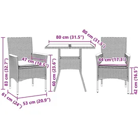 vidaXL 3-tlg. Garten-Essgruppe mit Kissen Beige Poly Rattan und Glas