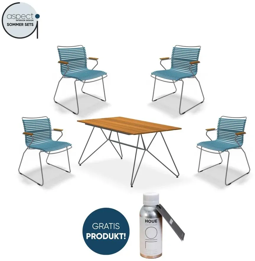 Houe Set aus SKETCH Dining Table 160cm und 4x Click Dining Chair mit Bambusarmlehnen Petrol