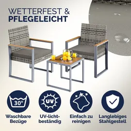 CASARIA Gartenmöbel Polyrattan Set Holz Akazie Wetterfest 2 Stühle Tisch Auflagen 160kg Belastbarkeit Verstellbar Terrasse Balkon Möbel Lounge Grau