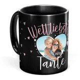 Tassendruck Schwarze Tasse mit Spruch für die weltliebste Tante - Tasse mit Foto selbst gestalten - Geschenk für Tante, Fotogeschenk Familie | Schwarze Fototasse, 300 ml