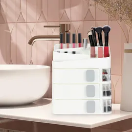 Relaxdays Make Up Organizer, 24 Fächer, Kosmetik Aufbewahrung, Kunststoff, HxBxT: 27,5x26x21 cm, Kosmetikorganizer, weiß