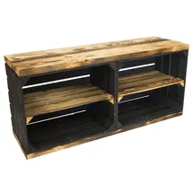 Kistenkolli Altes Land Allzweckkiste Sitzbank schwarz mit Sitzfläche aus dicken Holzplanken geflammt mit (Spar-Set) braun