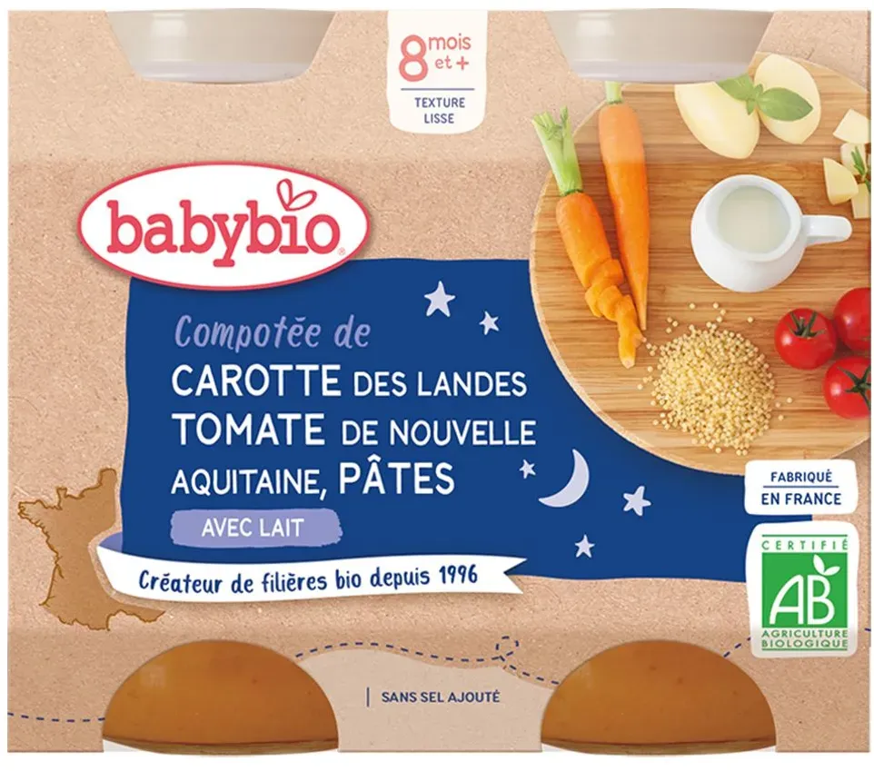Babybio COMPOTÉE DE CAROTTE DES LANDES TOMATE DE NOUVELLE-AQUITAINE PÂTES dès 8 mois 400 g Aliment