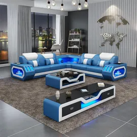 JV Möbel Ecksofa L Form Couchtisch Sofa Couch Design Polster Leder Modern Blau Tisch neu
