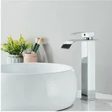 Suguword - Badezimmer-Wasserhahn, modernes Wasserfall-Design, verchromter Waschbecken-Wasserhahn, hochwertiges, langlebiges Metallgehäuse,
