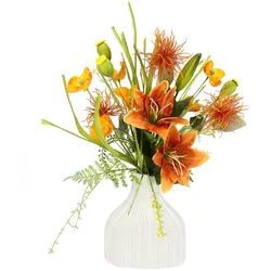 Kunstblume I.GE.A. "Blumenarrangement aus Lilien und Mohnblumen in Vase aus Keramik", orange, B:30cm H:55cm L:20cm, Polyester, Kunstpflanzen, Dekoblumen Blumenstrauß Seidenblumen Tischdeko Hochzeitsdeko