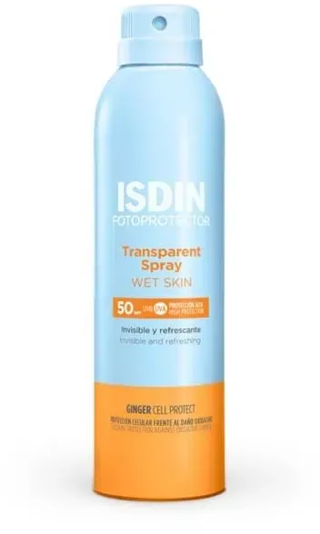 Isdin Transparent Sonnenspray WET Skin Lsf50 wasserfester Sonnenschutz mit leichter Textur