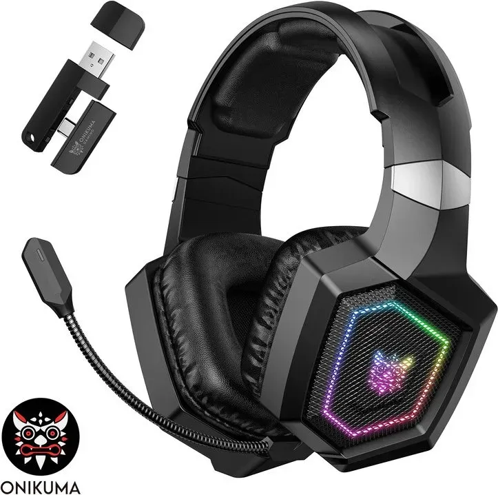 ONIKUMA GT806 Schwarz, kabellose Kopfhörer, stilvolles Triple-Mode-Gaming-Headset, RGB-Beleuchtung, Musik-Kopfhörer, Over-Ear-Kopfhörer, unterstützt 2,4G-/kabellose/kabelgebundene Modi (Triple-Mode), empfohlen für Gaming, Geburtstagsgeschenk/Festtagsgeschenk/Jubiläumsgeschenk