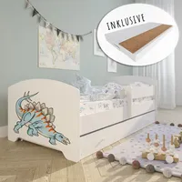 Kids Collective Kinderbett mit Matratze und Schublade, Rausfallschutz & Lattenrost weiß mit Dinosaurier Motiv IV Komplettbett Jugendbett Einzelbett Holz