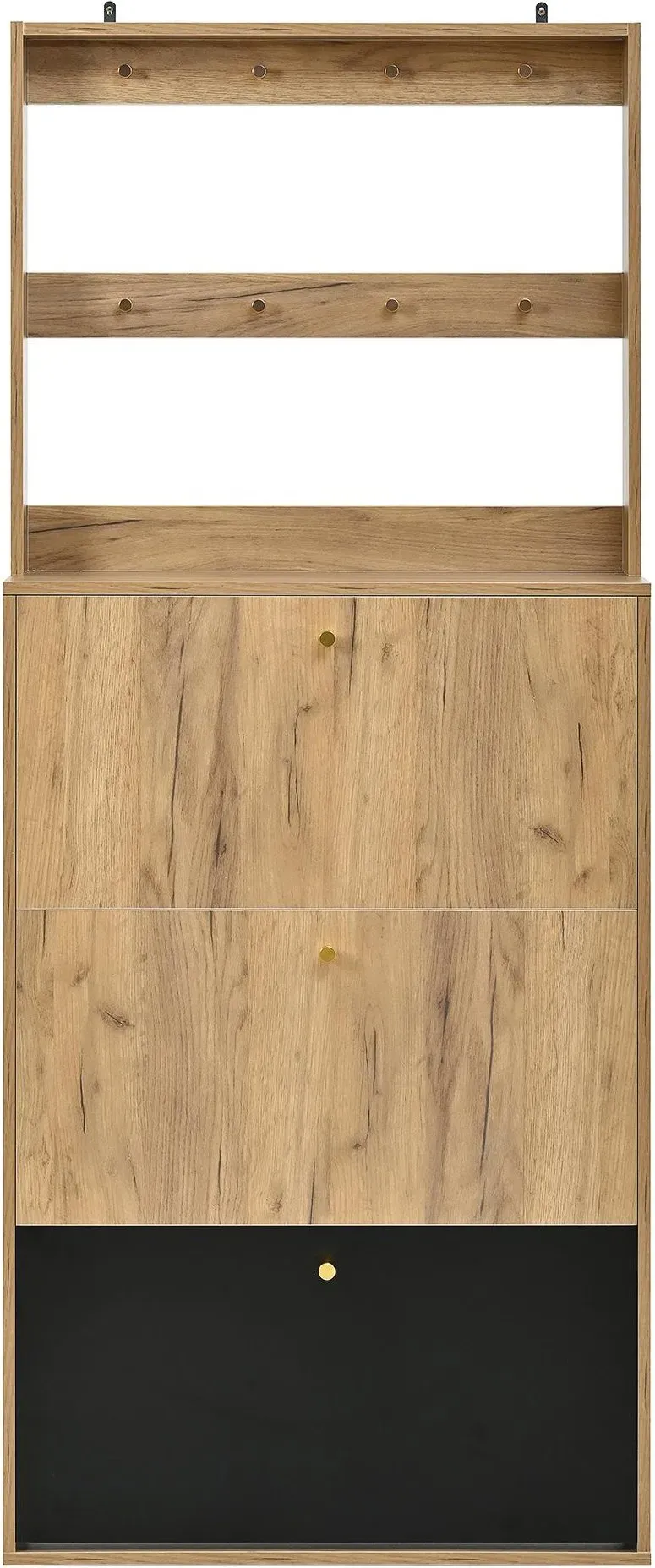 Moderner Schuhschrank mit Haken, höhenverstellbare Trennplatten, kippsichere Konstruktion, 75x24x180 cm, Naturfarbe